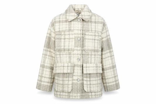 Front view of Topshop women’s beige plaid pea coat coat, size XS, button