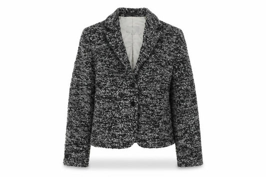Front view of Per Una women’s black jacket, size UK 12, button