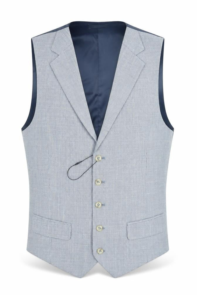 Front view of Marks & Spencer men’s blue polyester jacket suit waistcoat, size 38, regular