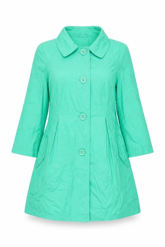 Front view of Marks & Spencer women’s green pea coat coat, size UK 10, button