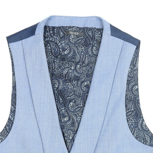 Marks and Spencer Mens Blue Herringbone Polyester Jacket Suit Waistcoat Size 40 Regular - Lapel