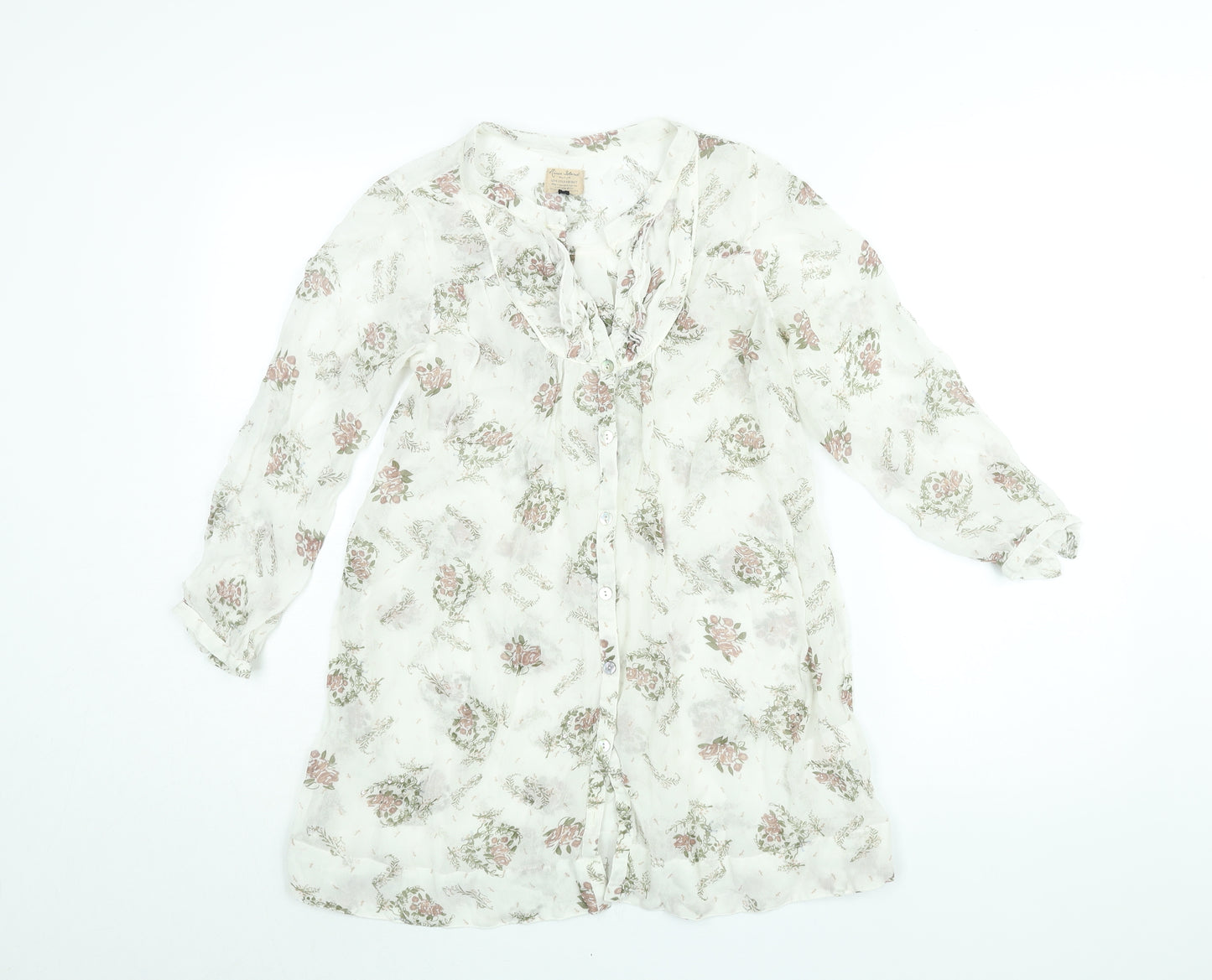 River Island Womens White Floral Viscose Basic Blouse Size 8 V-Neck - Semi Sheer