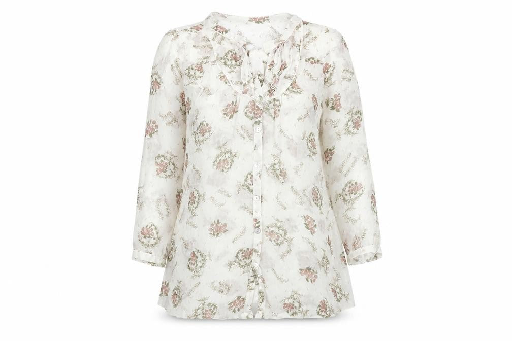Front view of River Island women’s white floral viscose basic blouse, size UK 8, v-neck - semi sheer