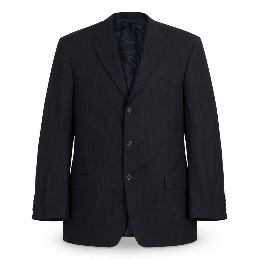 Front view of Marks & Spencer men’s blue striped wool jacket suit jacket, size 42, regular