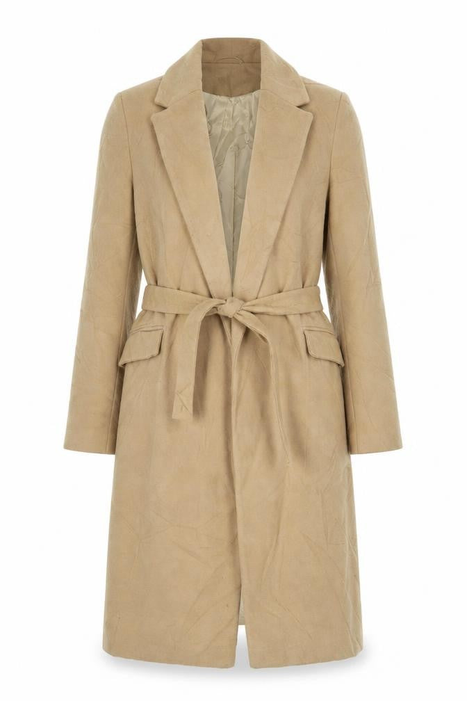 Front view of Topshop women’s brown overcoat coat, size UK 8, button - belted
