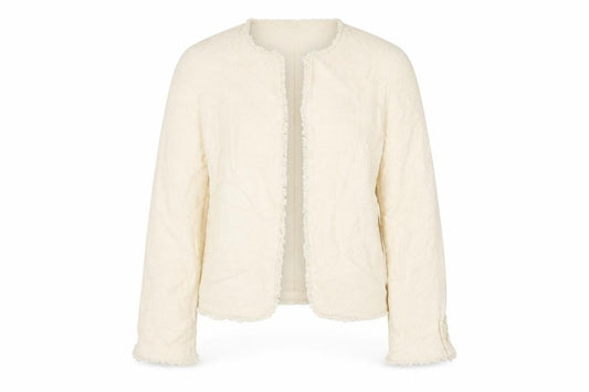 Front view of Marks & Spencer women’s beige jacket blazer, size UK 12, hook & eye
