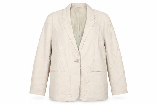 Front view of EWM women’s beige jacket blazer, size UK 18, button
