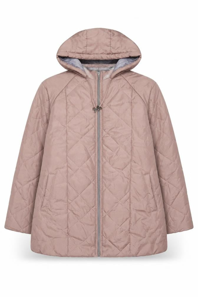 Front view of Anne De Lancay women’s pink jacket coat, size L, zip