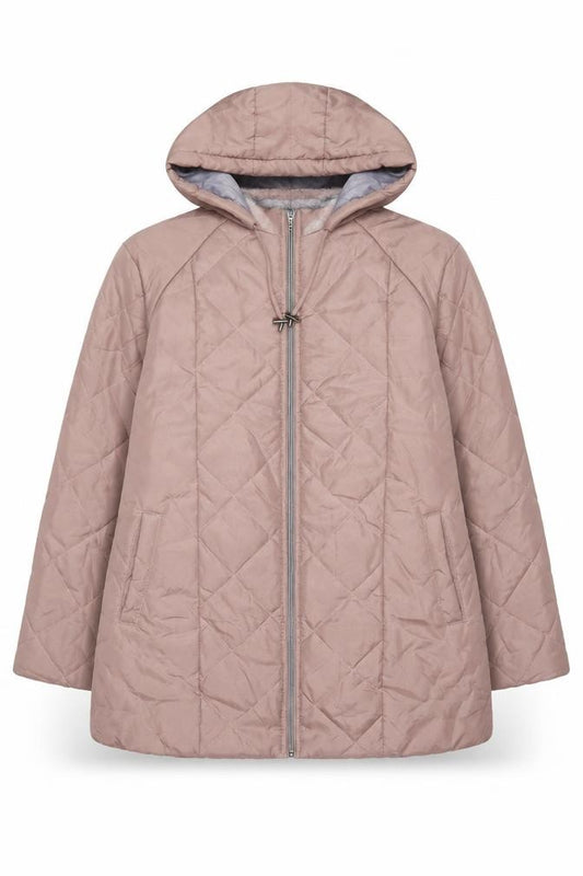 Front view of Anne De Lancay women’s pink jacket coat, size L, zip