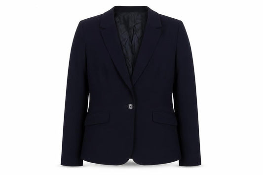 Front view of John Lewis women’s blue jacket blazer, size UK 12, button