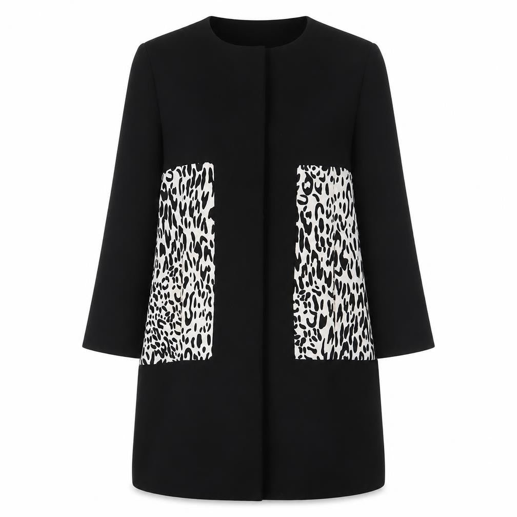 Front view of Deloved women’s black animal print jacket blazer, size M, button