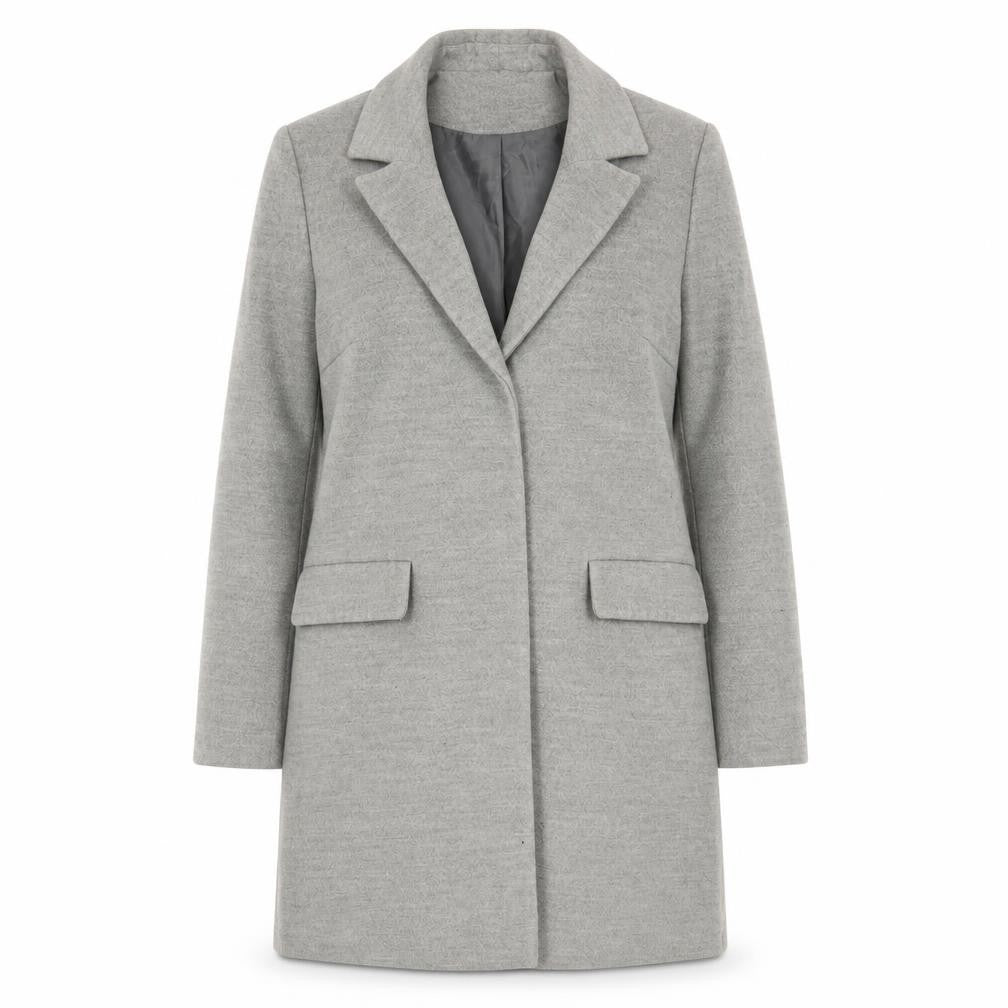 Front view of Topshop women’s grey overcoat coat, size UK 8, snap