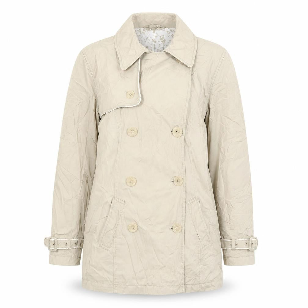 Front view of Monsoon women’s beige trench coat jacket, size UK 12, button