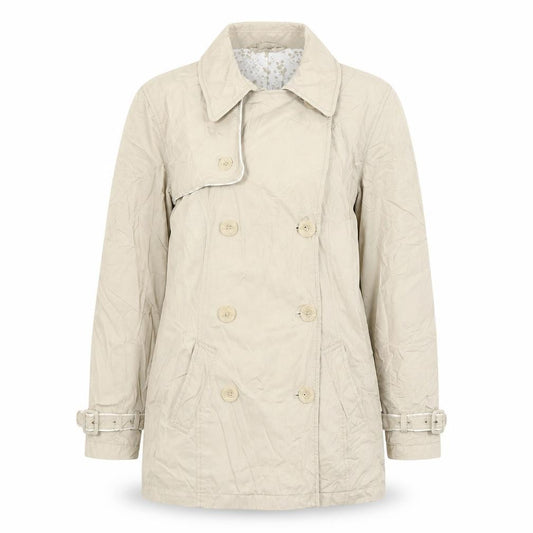 Front view of Monsoon women’s beige trench coat jacket, size UK 12, button