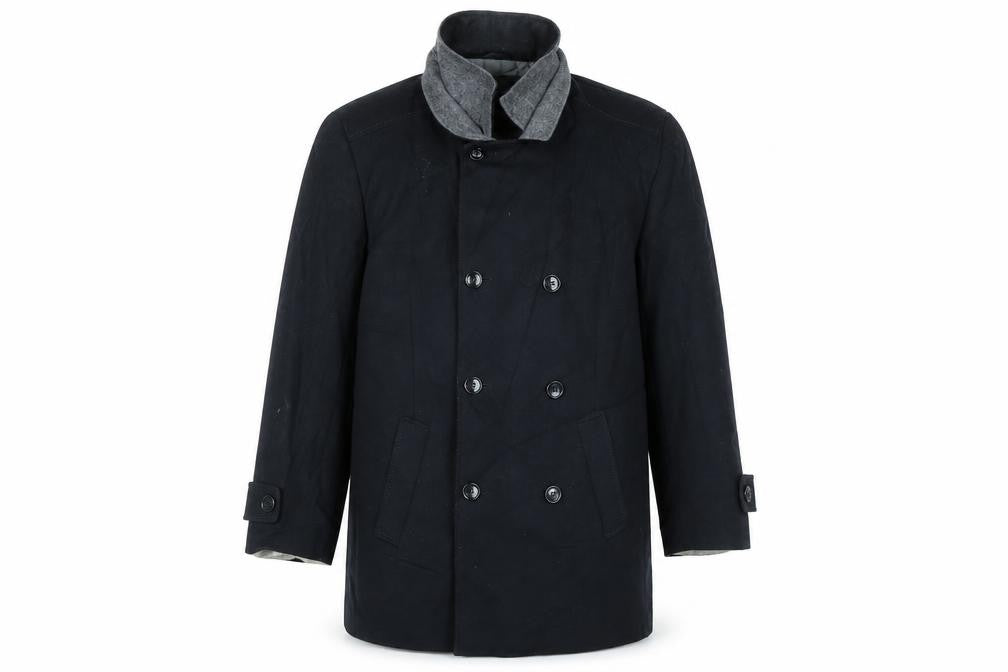 Front view of SP men’s blue overcoat coat, size XL, zip