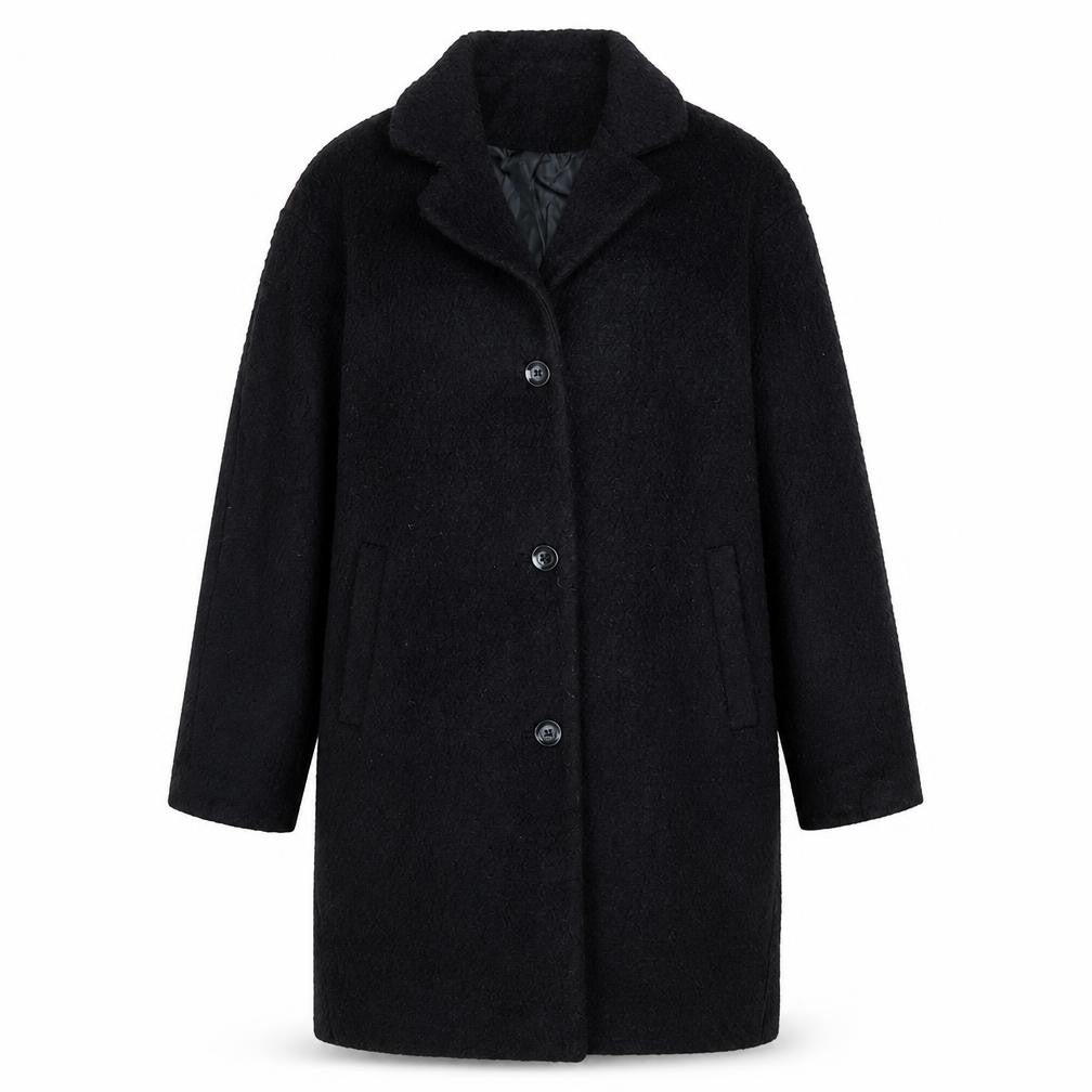 Front view of Divided women’s black overcoat coat, size UK 8, button