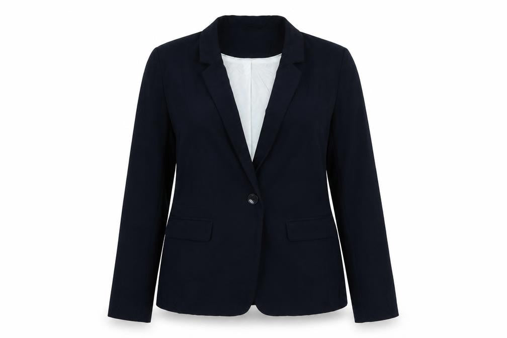 Front view of Dorothy Perkins women’s blue jacket, size UK 16, button