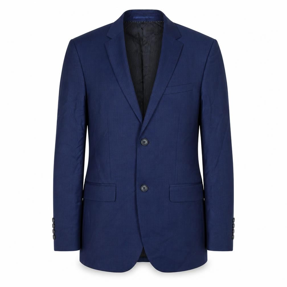 Front view of H&M men’s blue polyester jacket suit jacket, size 36, regular