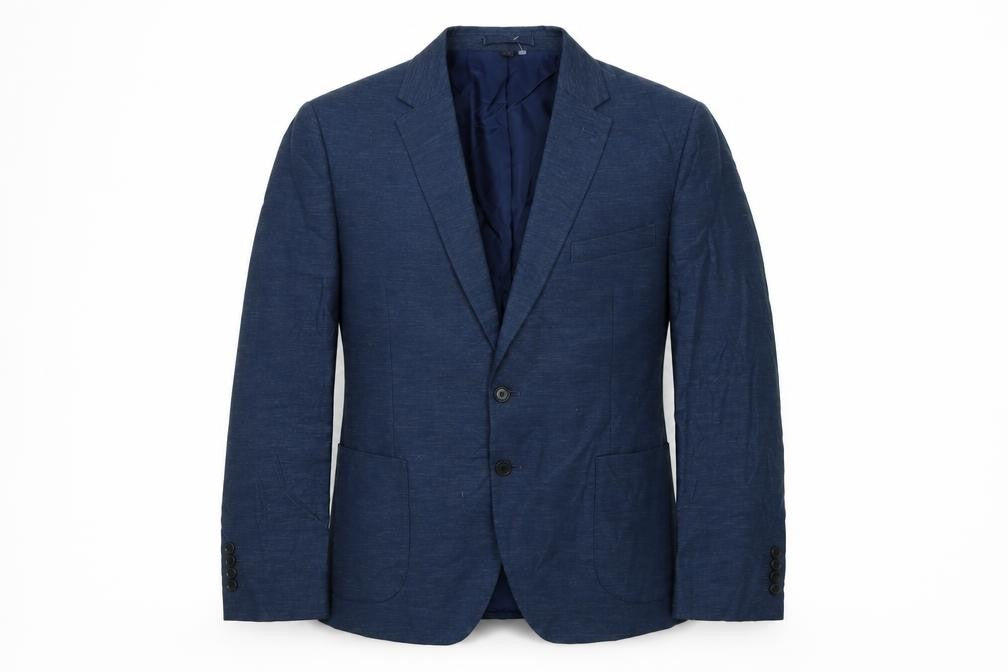 Front view of Marks & Spencer men’s blue wool jacket suit jacket, size 46, regular