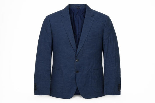 Front view of Marks & Spencer men’s blue wool jacket suit jacket, size 46, regular