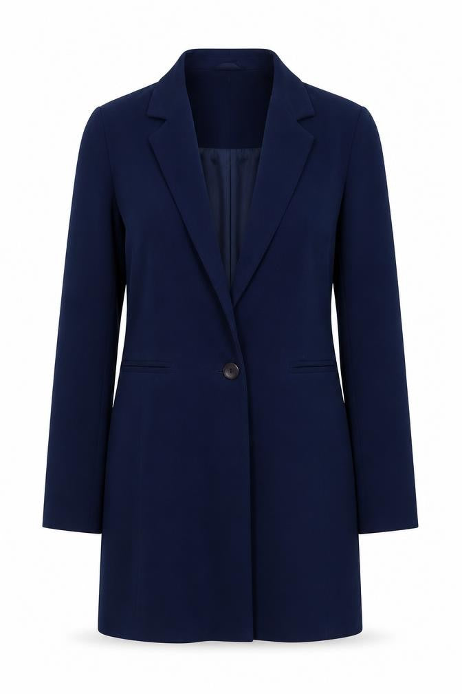 Front view of David Barry women’s blue jacket, size UK 10, button