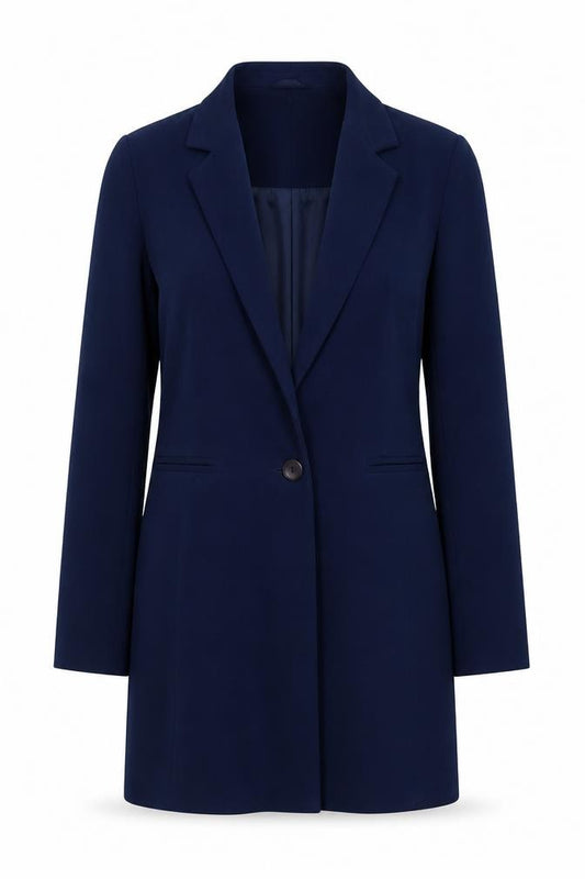 Front view of David Barry women’s blue jacket, size UK 10, button