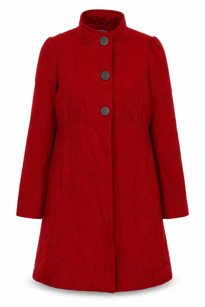 Front view of Look women’s red overcoat coat, size UK 12, button