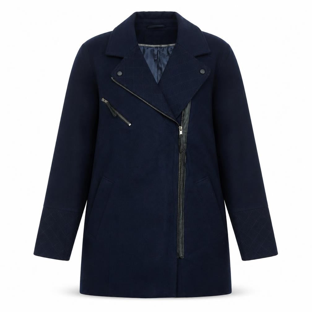 Front view of Dorothy Perkins women’s blue biker coat, size UK 12, zip