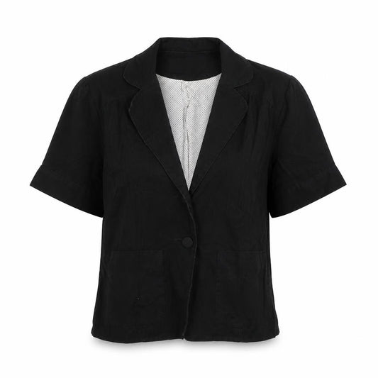 Front view of Warehouse women’s black jacket, size UK 10, button