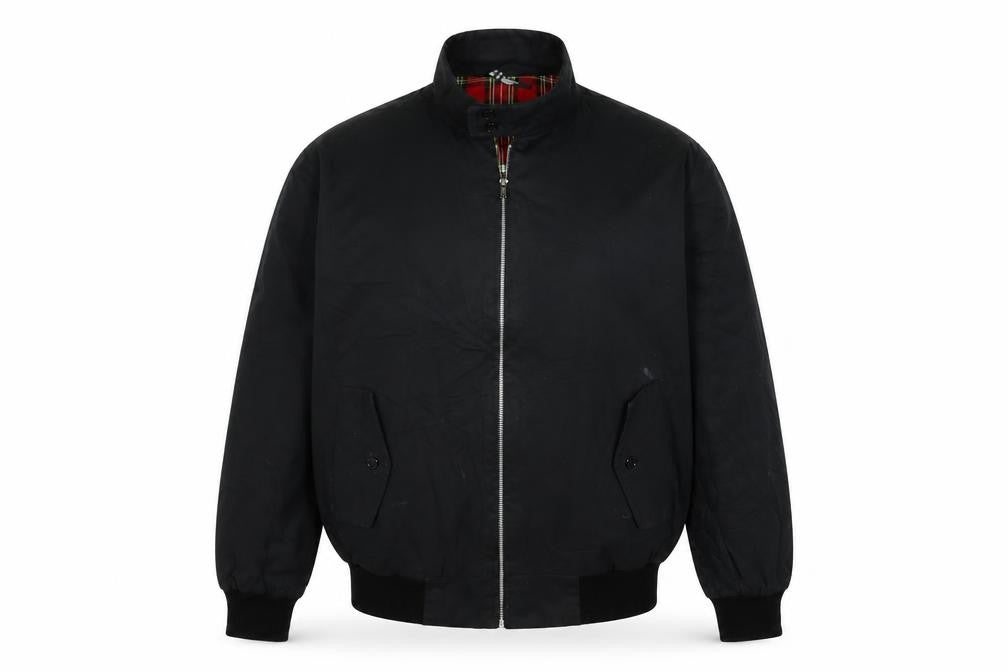 Front view of Made in England men’s black bomber jacket jacket, size 46, zip