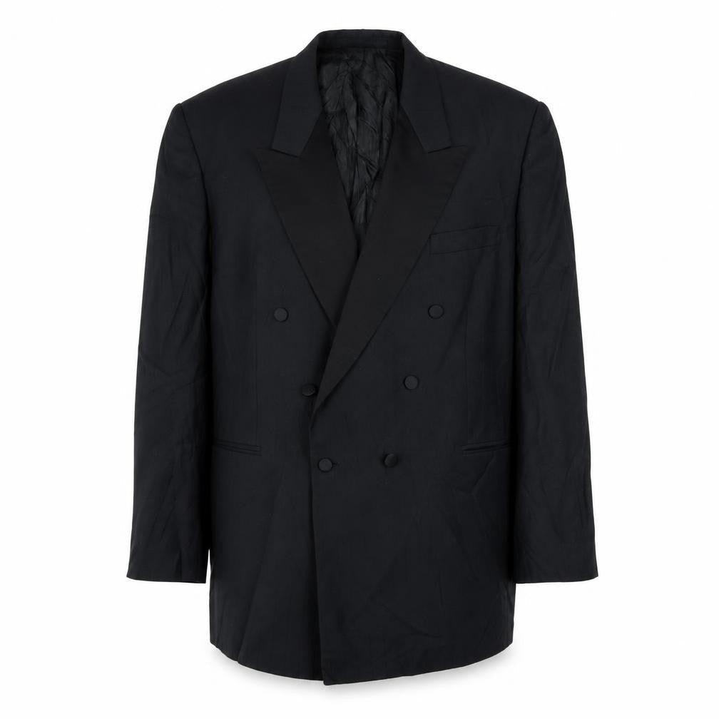 Front view of VARTERS men’s black wool tuxedo suit jacket, size 34, regular