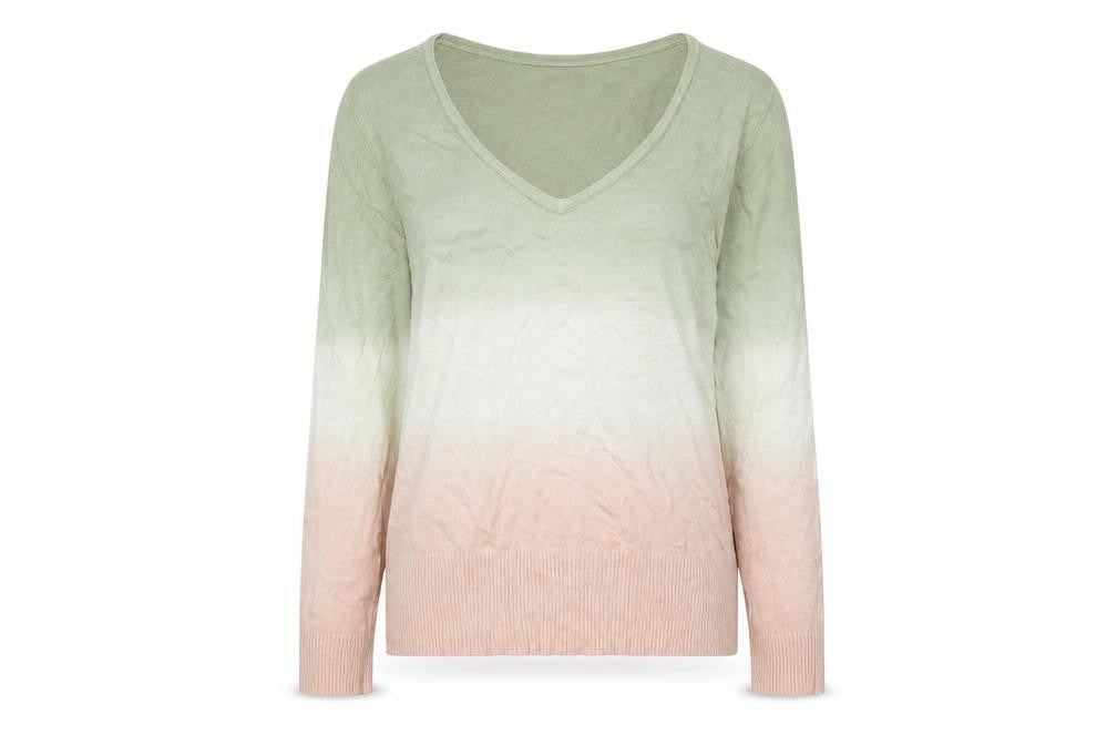 Front view of Tu-Chuz women’s green v-neck viscose jumper, size UK 12