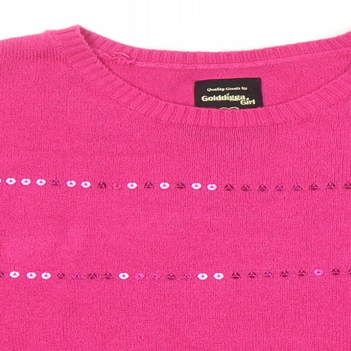 Golddigga Girls Pink Round Neck Acrylic Pullover Jumper Size 13 Years - Sequined detail