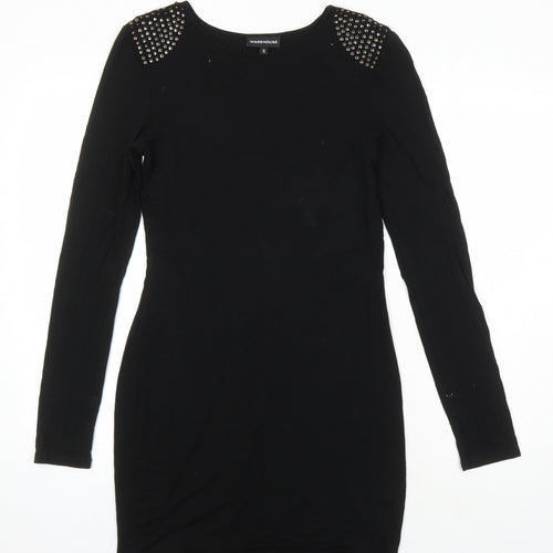 Warehouse Womens Black Viscose Shift Size 12 Round Neck - Studded shoulder detail