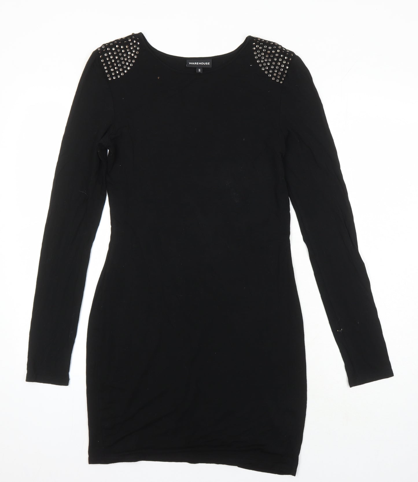 Warehouse Womens Black Viscose Shift Size 12 Round Neck - Studded shoulder detail