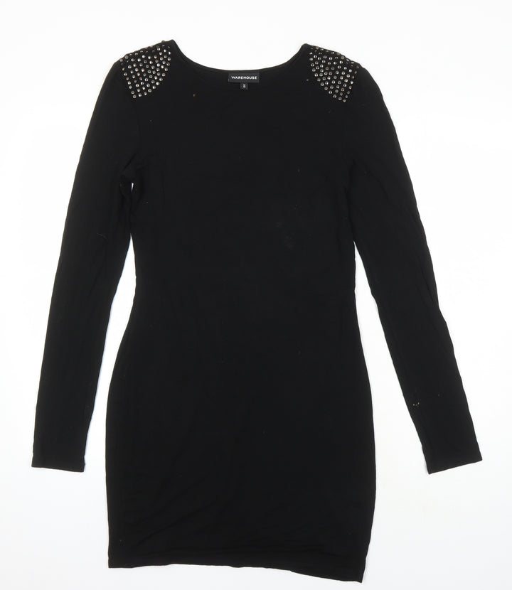 Warehouse Womens Black Viscose Shift Size 12 Round Neck - Studded shoulder detail