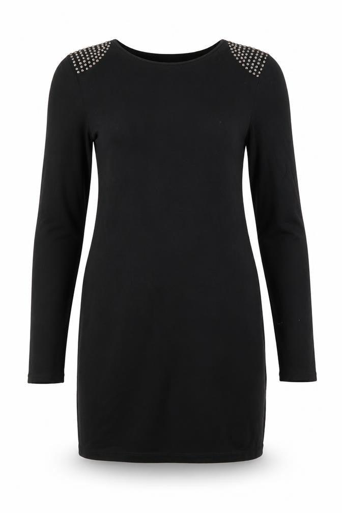 Front view of Warehouse women’s black viscose shift, size UK 12, round neck - studded shoulder detail