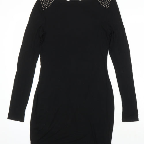 Warehouse Womens Black Viscose Shift Size 12 Round Neck - Studded shoulder detail