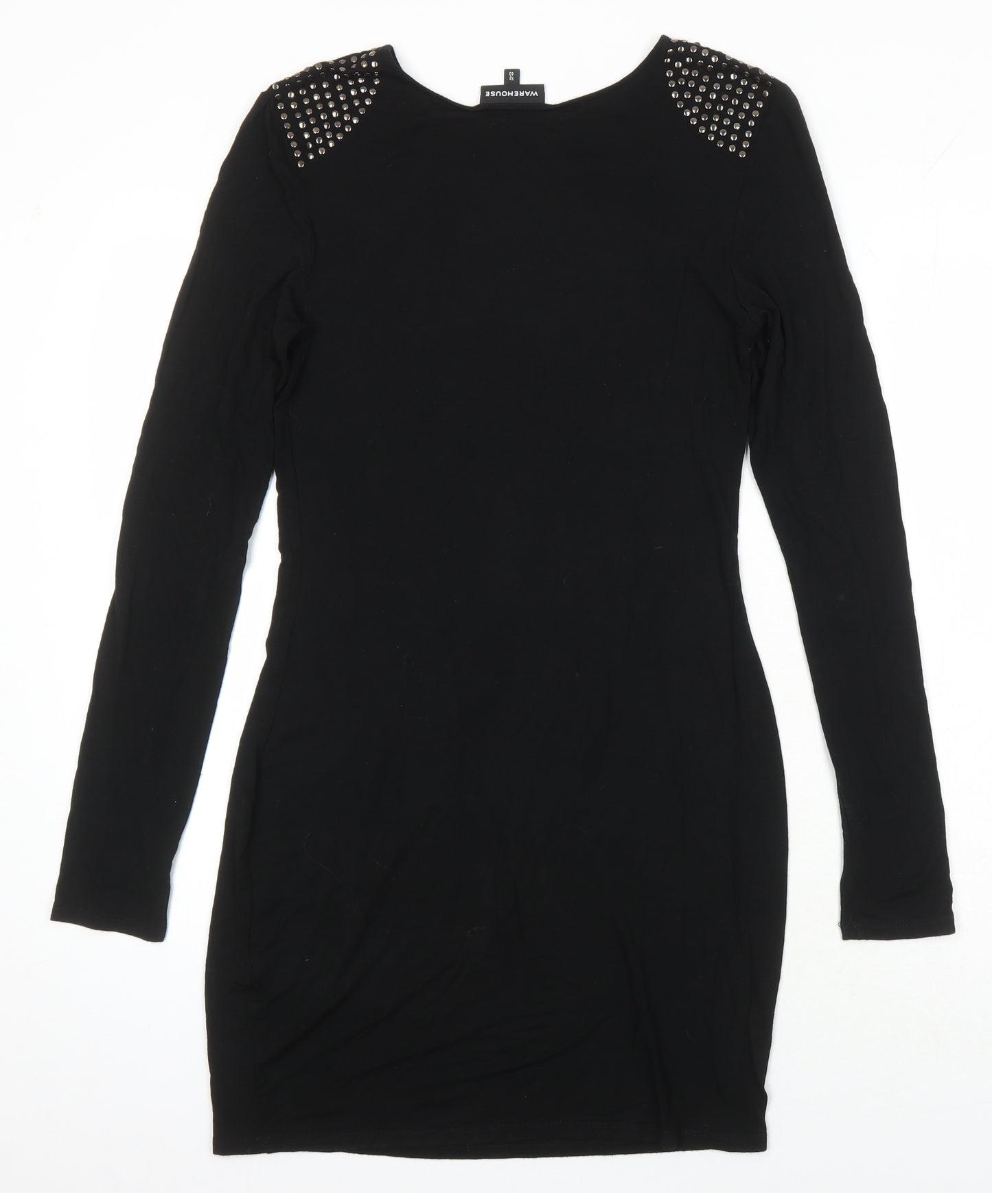 Warehouse Womens Black Viscose Shift Size 12 Round Neck - Studded shoulder detail