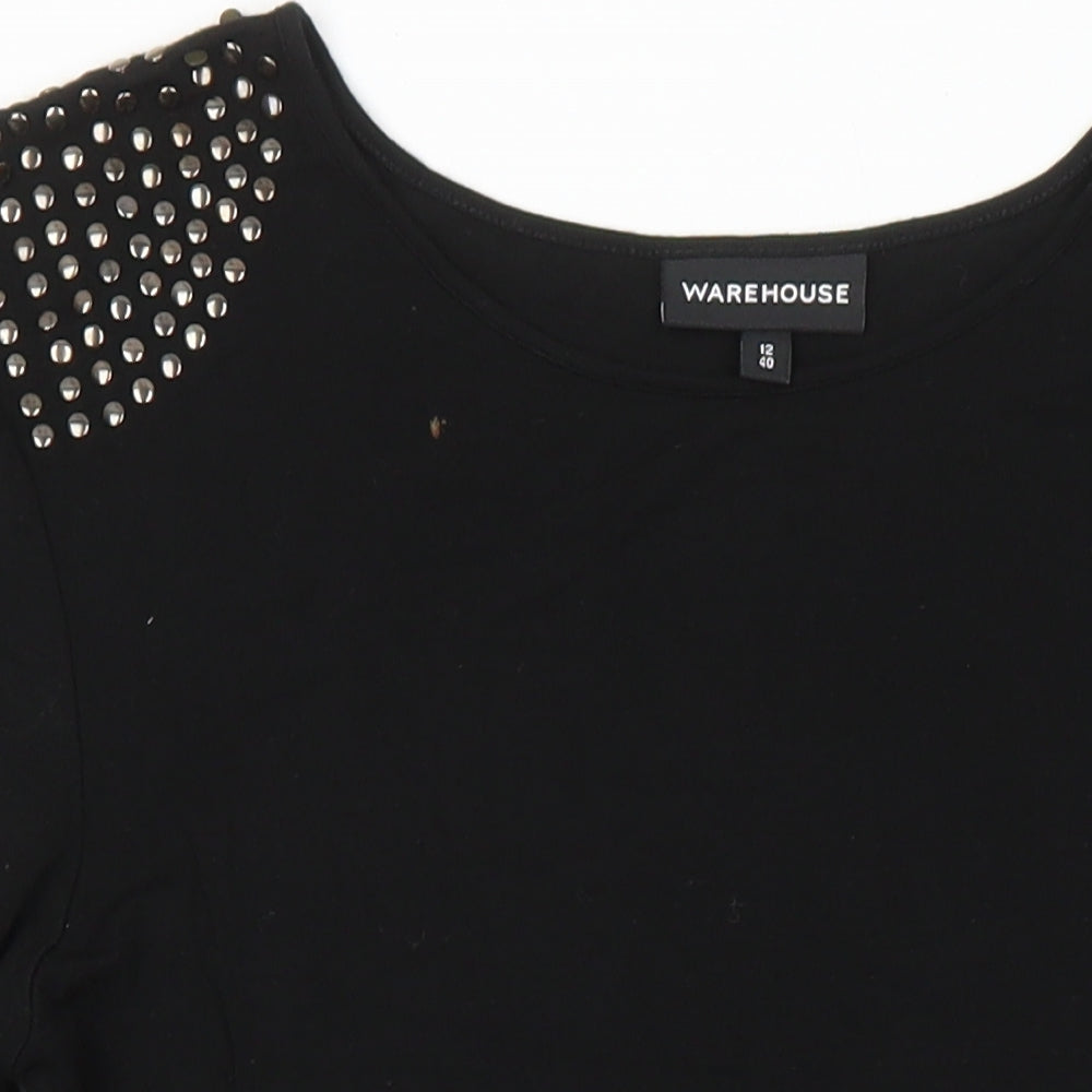 Warehouse Womens Black Viscose Shift Size 12 Round Neck - Studded shoulder detail