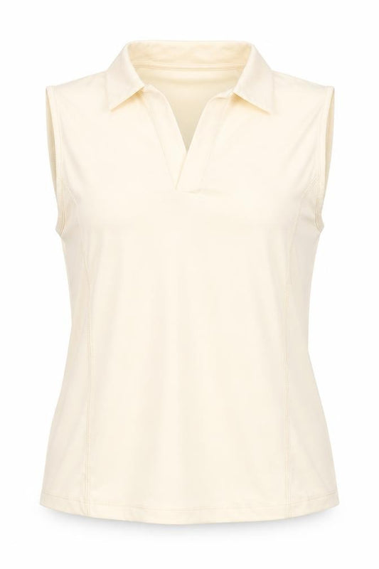 Front view of ASOS women’s ivory polyester basic t-shirt, size M, collared