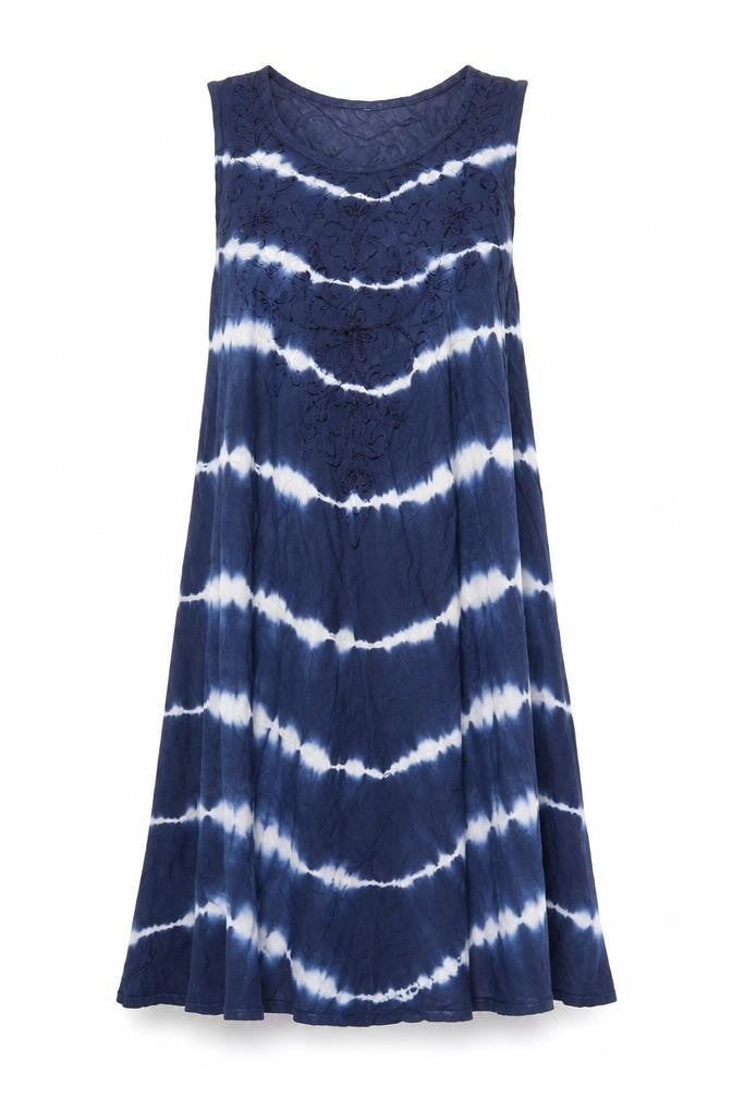Front view of Jane Austin women’s blue striped viscose shift, size M, scoop neck