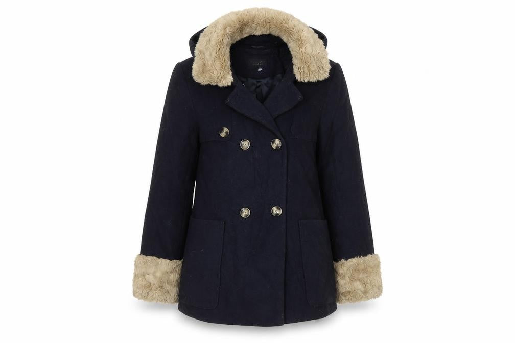 Front view of Topshop women’s blue overcoat coat, size UK 8