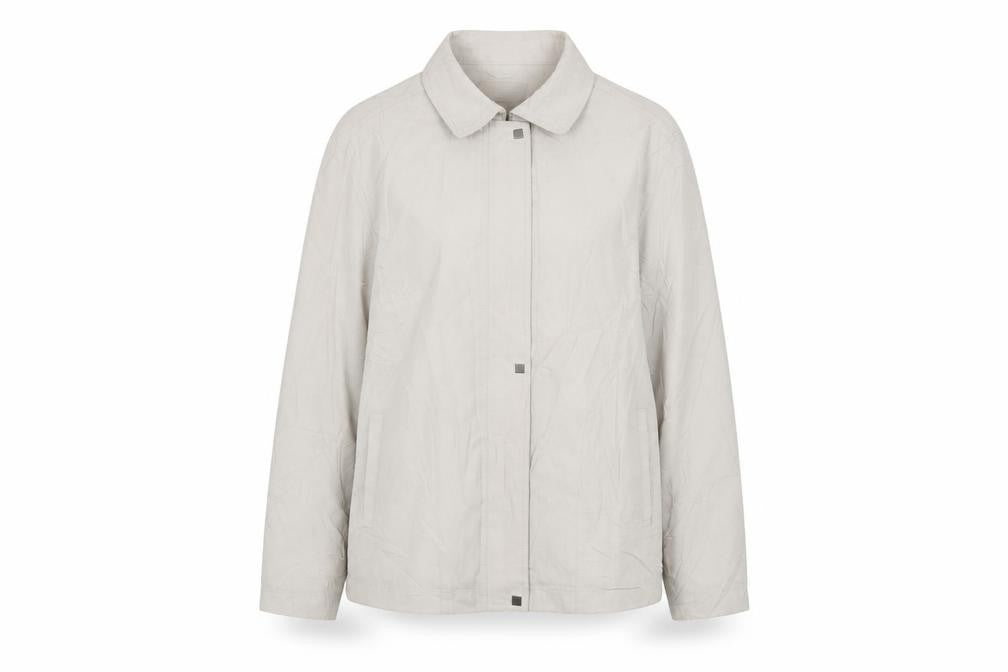 Front view of Katherine Hammond women’s beige jacket, size UK 18