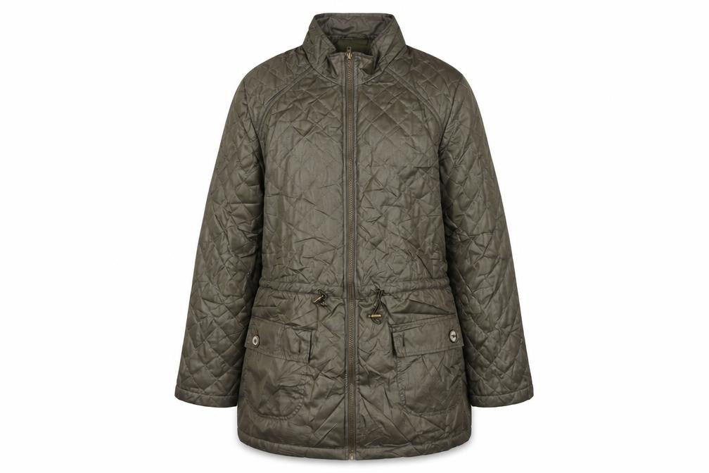 Front view of Being Casual women’s green jacket coat, size UK 16