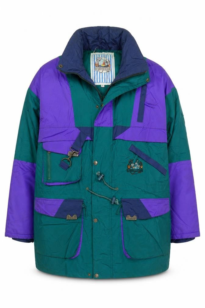Front view of Open Air Clothing men’s multicoloured jacket coat, size L, zip