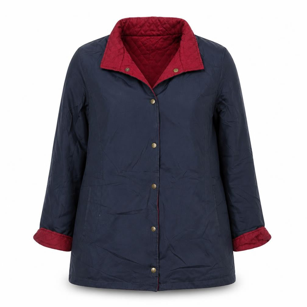 Front view of Classics women’s blue herringbone overcoat coat, size UK 12, snap