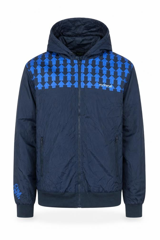 Front view of Criminal men’s blue jacket, size XL, zip