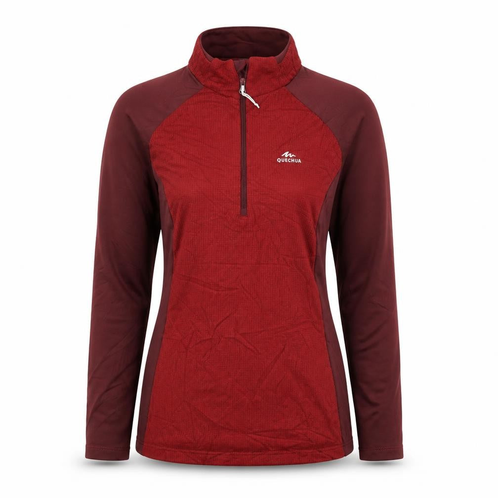 Front view of Decathlon women’s red colourblock polyester pullover casual, size S, mock neck zip