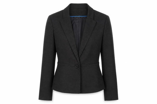 Front view of Linea women’s black polka dot jacket blazer, size UK 10, button